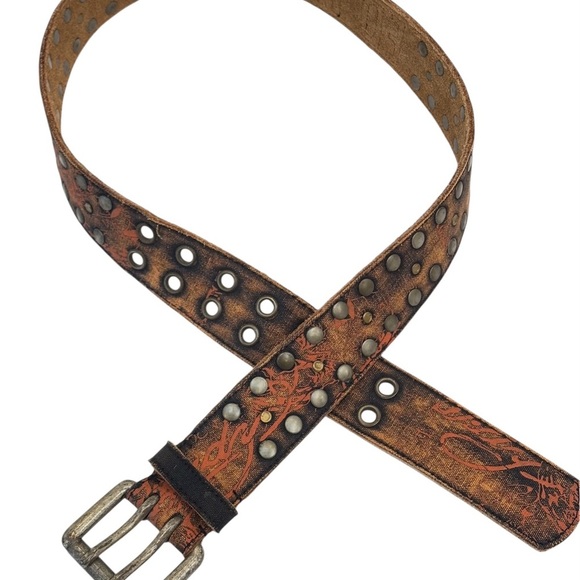 Vintage Y2K Ed Hardy Studded Leather Belt Handmade Logo Print Rare Size Large main image 7